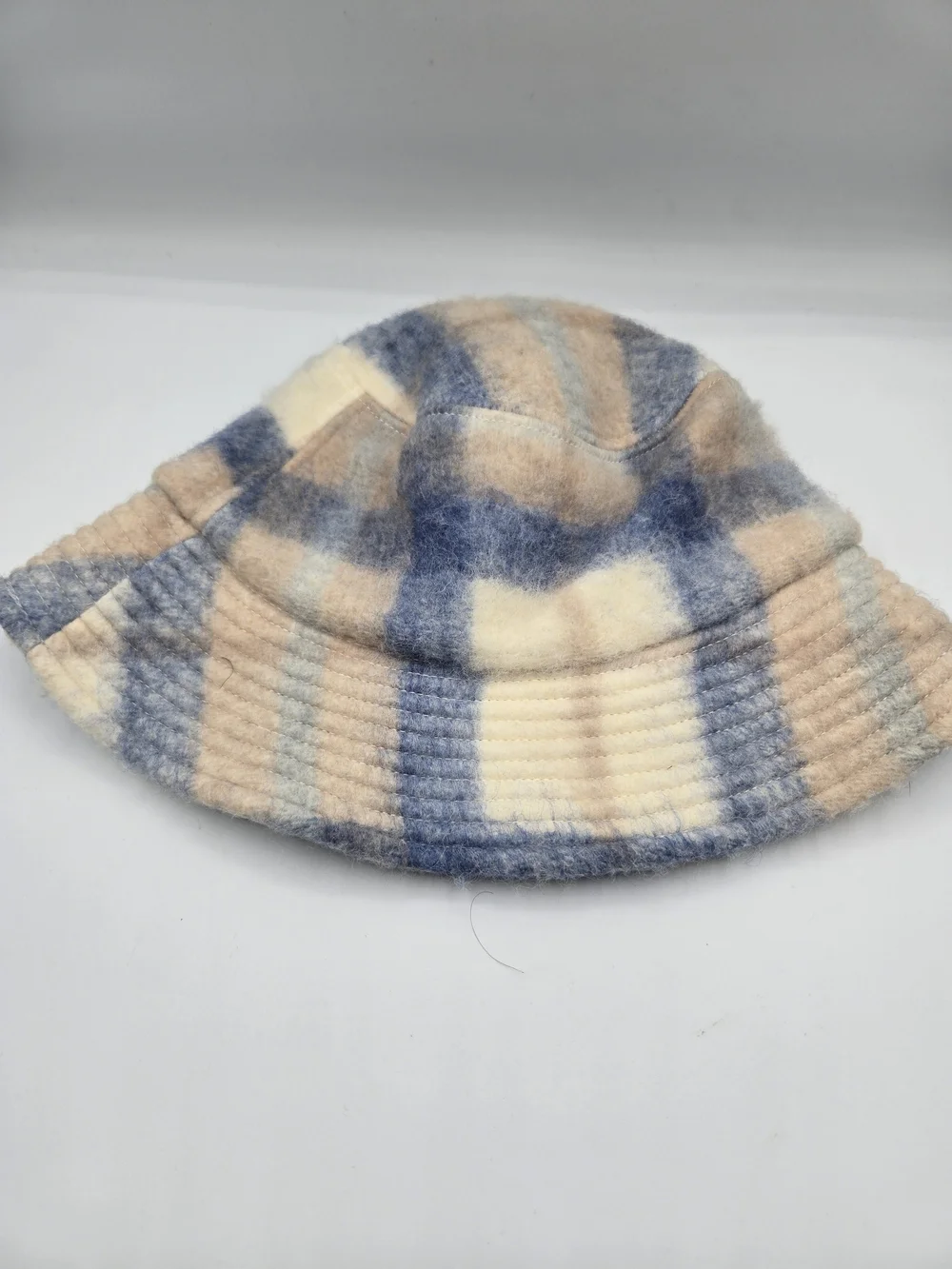 Electric & Rose Plaid Fuzzy Bucket Hat Blue Cream Beige Wool Blend Cozy